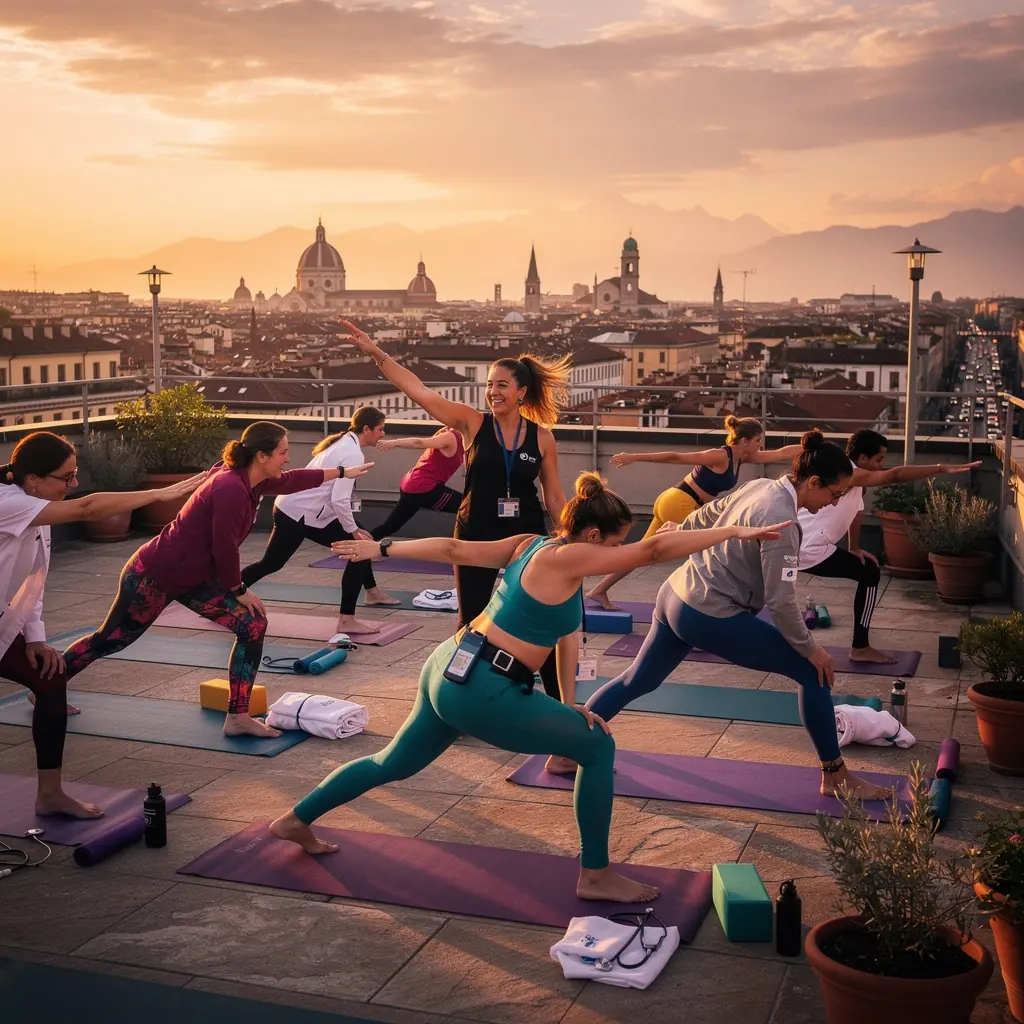 Un gruppo di persone che esegue una sequenza di movimenti di yoga all'aperto, sotto il sole.