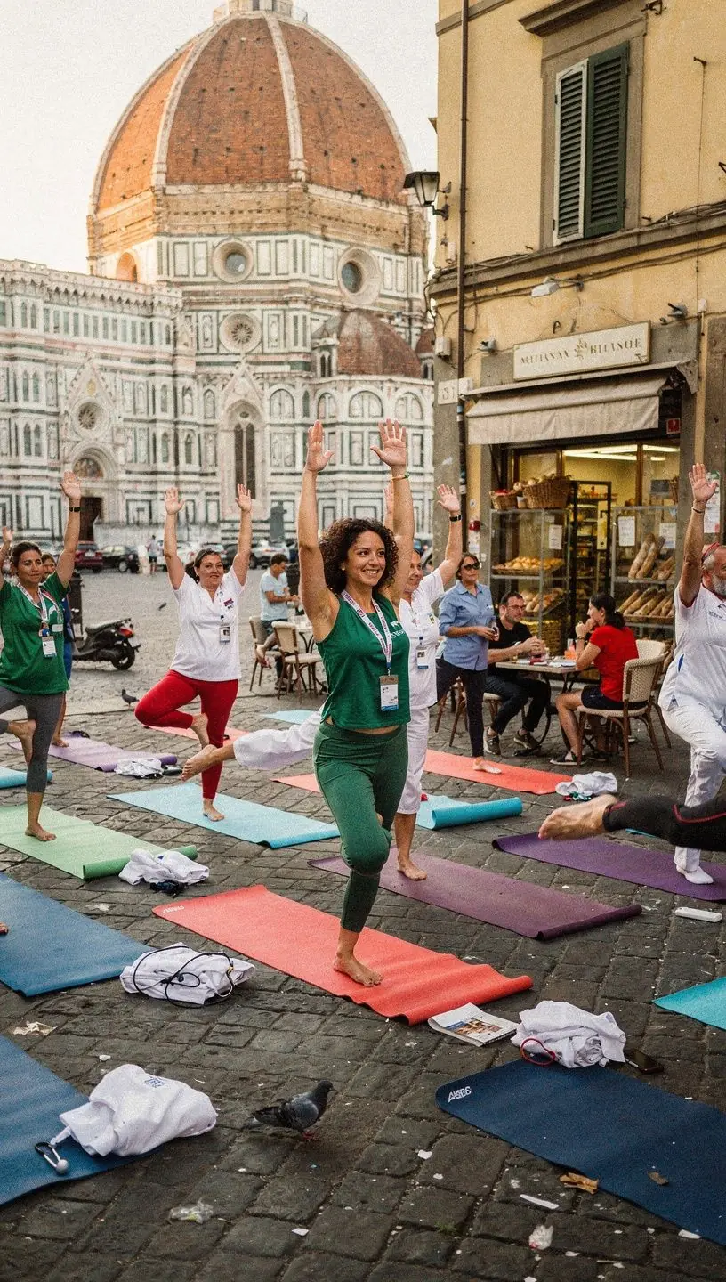 Un gruppo di persone che praticano yoga all'aperto, eseguendo movimenti fluidi e armoniosi in un ambiente sereno e naturale.