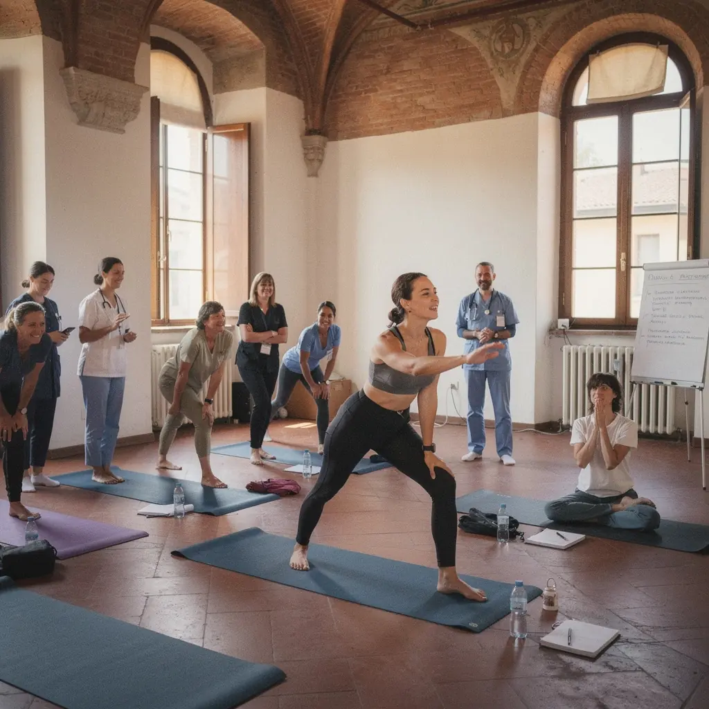 Una stanza di studio luminosa, con tappetini e candele, ideale per pratiche di rilassamento.