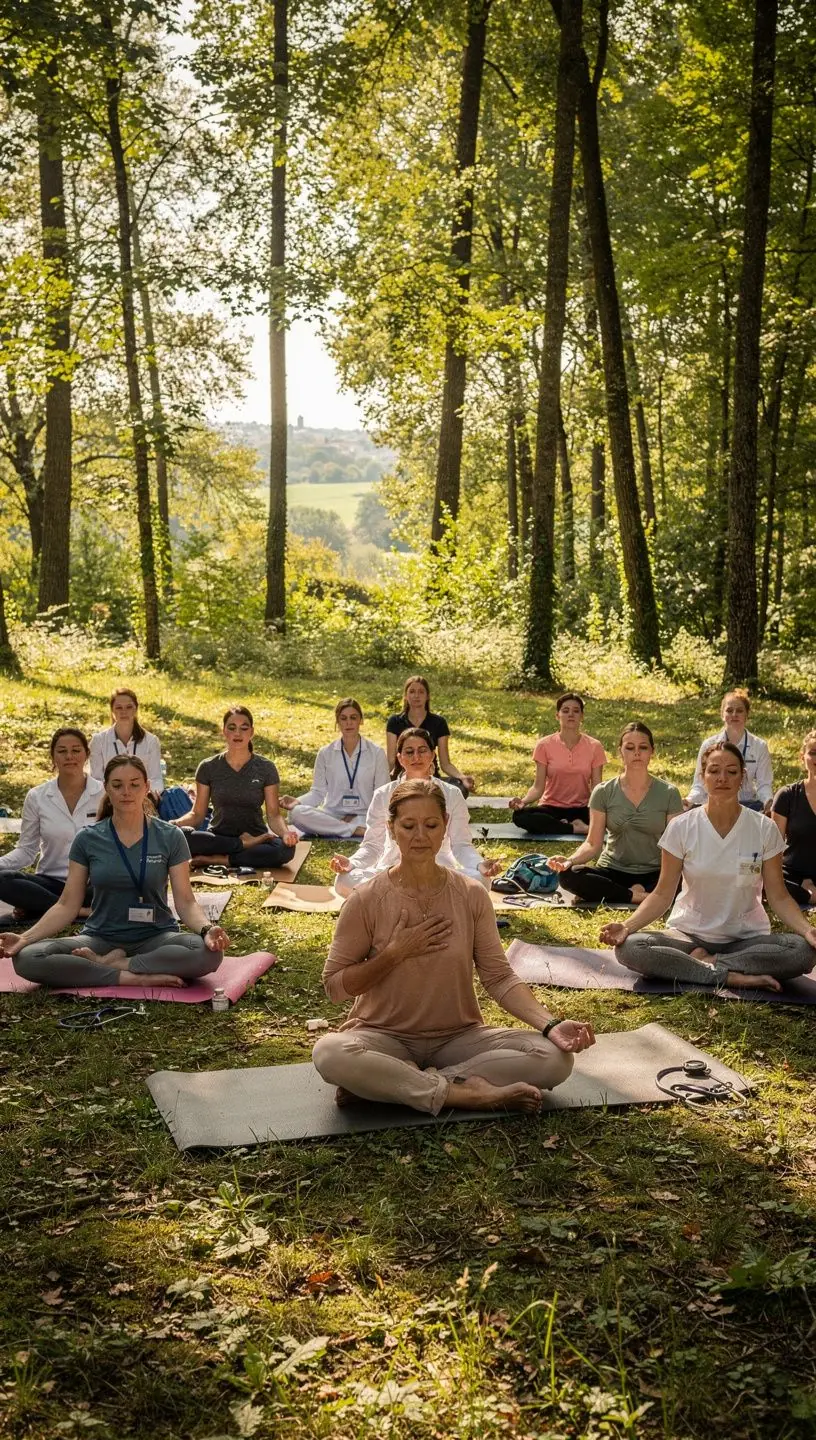 Due persone che praticano yoga in coppia, sostenendosi a vicenda in una posa di equilibrio.