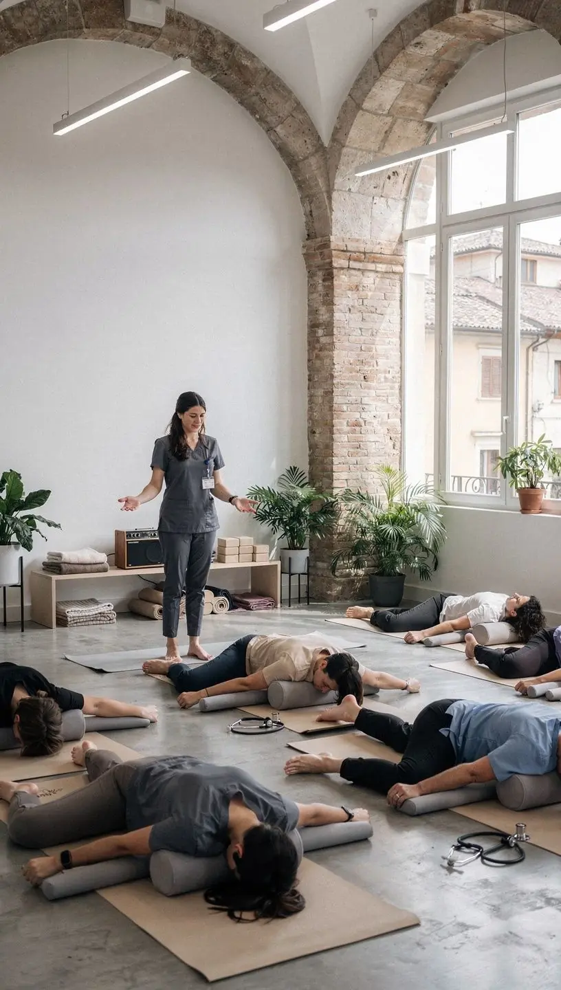 Dettaglio delle mani di una persona in meditazione, con candele e incenso sullo sfondo.