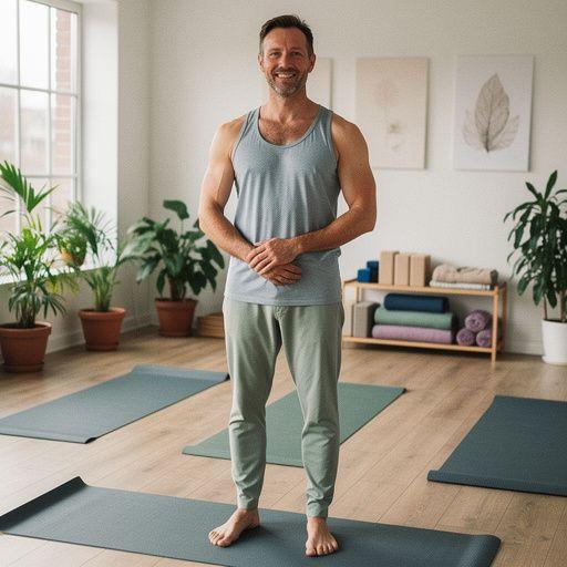 Insegnante di yoga che guida una classe all'aperto, circondata da alberi e natura.